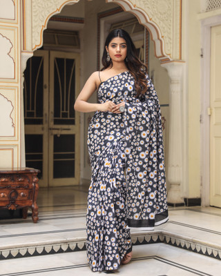 Pallo Latke Blocked Printed Daily Wear Pure Cotton Saree(Black)