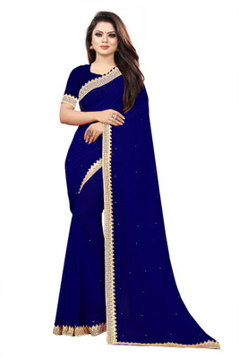 DHARMEE Solid/Plain Bollywood Georgette Saree(Dark Blue)