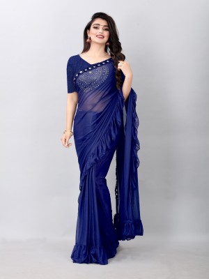 bulkmulk Solid/Plain Bollywood Lycra Blend Saree(Dark Blue)