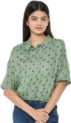 PEOPLE Casual Half Sleeve Printed Women Green Top