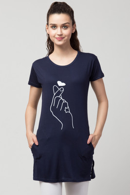 DONOCRAZY Printed Women Round Neck Blue T-Shirt