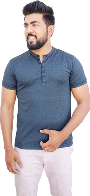 f Gallery Solid Men Henley Neck Green T-Shirt