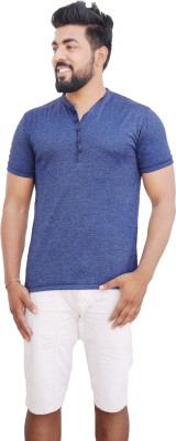 f Gallery Solid Men Henley Neck Blue T-Shirt