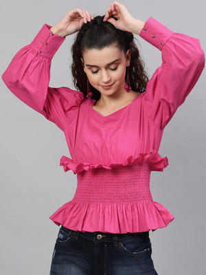 STREET9 Casual Full Sleeve Solid Women Pink Top