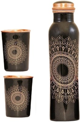TOPHAVEN Handcrafted Copper Water Bottle Meena Artwork With 2 Glasses 1000 ml Bottle(Pack of 3, Black, Copper)