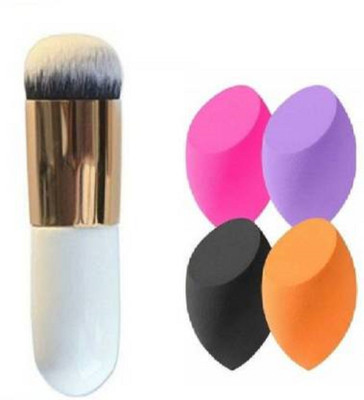 QUIYANG 4 MAKEUP SPONGE BEAUTY BLENDER WITH BLACK FOUNDATION BRUSH(5 Items in the set)