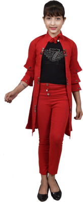 MYKUKI Girls Festive & Party Blazer, Shirt and Trouser Set(Red Pack of 1)