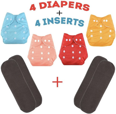 kogar All In One Trendy Look Reusable Adjustable Washable Multicolour Cloth Button Diaper Nappy For Baby New Born To 2 Year (4 Diaper+4 Insert)
