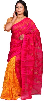 Krishneshwari Self Design, Woven Jamdani Cotton Silk Saree(Pink, Yellow)