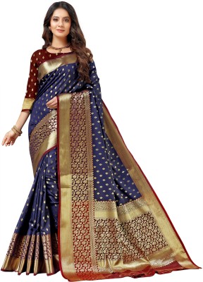 Smikri Fashion Self Design, Woven Banarasi Pure Silk, Cotton Silk Saree(Dark Blue, Gold, Maroon)