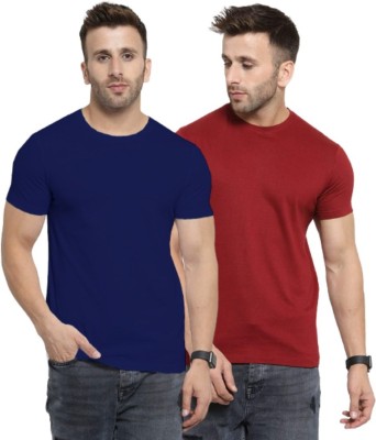 YouthPoi Solid Men Round Neck Dark Blue, Maroon T-Shirt