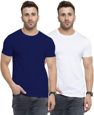 YouthPoi Solid Men Round Neck Dark Blue, White T-Shirt