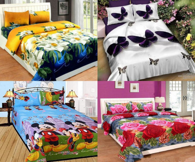 Cool Dealzz 144 TC Polycotton Double 3D Printed Flat Bedsheet(Pack of 4, Multicolor)