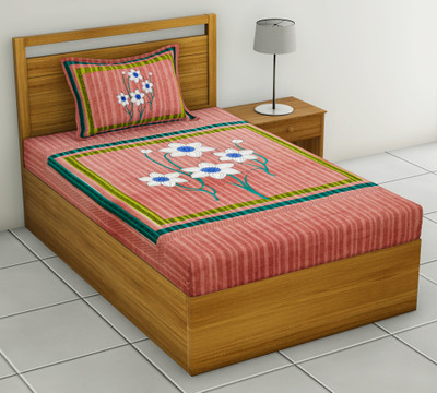 Loroco 104 TC Cotton Single Printed Flat Bedsheet(Pack of 1, Peach)