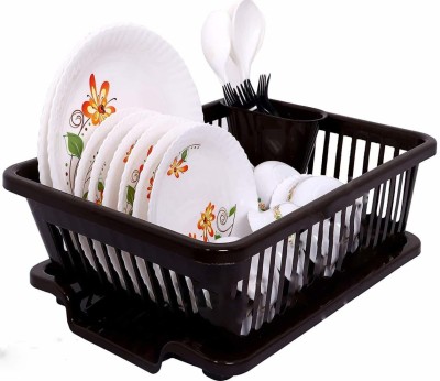 Neyu 3 In 1 Sink Set Dish Rack Drainer with Tray, Platform Basket, Drying Rack Washing Basket with Tray for Kitchen, Dish Rack Organizers (Brown)  - 1000 ml Plastic Grocery Container(Brown)
