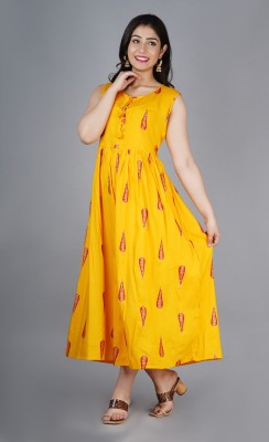 JFAB Women Printed Flared Kurta(Yellow)