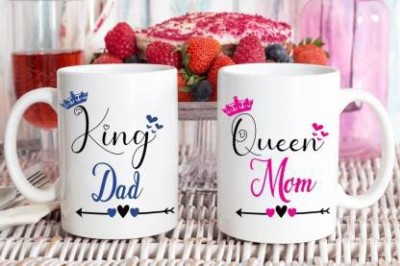 Sublikraft King Dad And Queen Mom Printed Combo White Tea Ideal and Sweet Gift and Return Gift Choice for Father And Mother Dad And Mom Mumma And Daddy Ceramic Coffee (350 ml) Ceramic Coffee Mug(330 ml, Pack of 2)