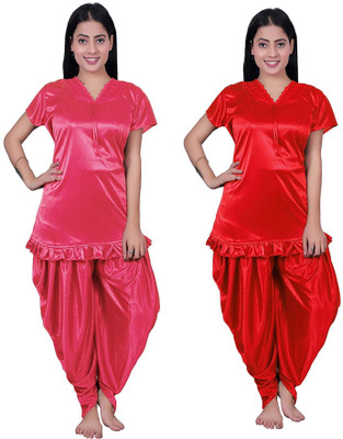 Minha Women Solid Pink, Red Top & Pyjama Set