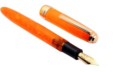 Ledos Ledos Click Falcon Acrylic Sunburst Orange Flex Nib Fountain Pen & Converter Golden Trims Fountain Pen(Ink Color - Blue)