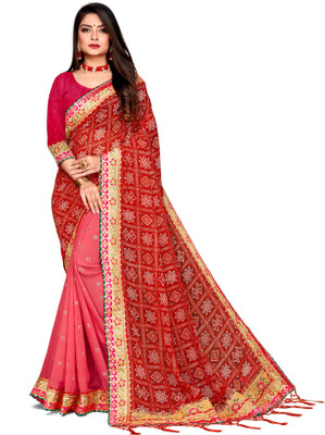 TINA FASHION Embroidered Bandhani Georgette Saree(Red)