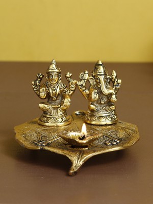 eCraftIndia Golden Laxmi Ganesha with Diya on Leaf Handcrafted Metal Showpiece Decorative Showpiece  -  9 cm(Metal, Gold)