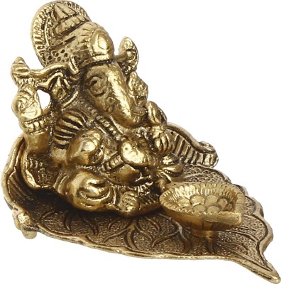 eCraftIndia Golden Lord Ganesha with Diya on Leaf Handcrafted Metal Showpiece Decorative Showpiece  -  7 cm(Metal, Gold)