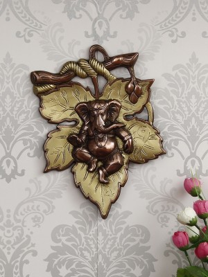 eCraftIndia Golden Finish Lord Ganesha on Creative Leaf Handcrafted Metal Wall Hanging Decorative Showpiece  -  29 cm(Metal, Gold)