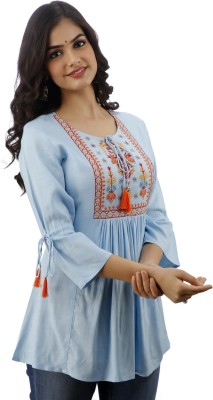 DMP FASHION Casual 3/4 Sleeve Embroidered Women Light Blue Top