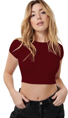 THE BLAZZE Casual Short Sleeve Solid Women Maroon Top