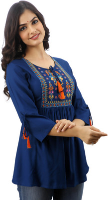 DMP FASHION Casual 3/4 Sleeve Embroidered Women Light Blue Top
