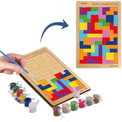 Webby Wooden 2 in 1 Intelligence Brain Teaser Game & Build and Paint Puzzle for Kids, 43 Pcs