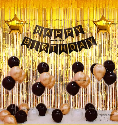 TNDECORLY Solid Happy Birthday Banner with Tassel Combo | Birthday Decorations Kit, Birthday Theme Decoration Balloon(Gold, Black, Pack of 35)