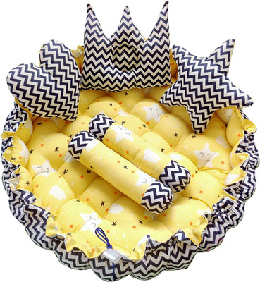 LOREM Cotton Baby Bed Sized Bedding Set(Yellow, 1 Round Bed, 2 Rolling Pillows & 3 Designer Pillows)