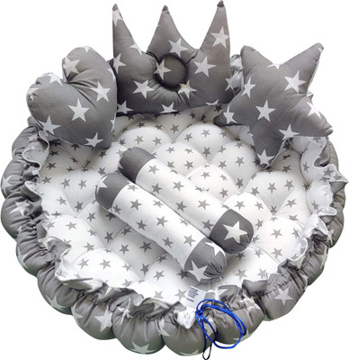 LOREM Cotton Baby Bed Sized Bedding Set(Grey, 1 Round Bed, 2 Rolling Pillows & 3 Designer Pillows)