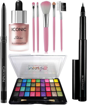 Crynn Smudge Proof Waterproof Rosedale Kajal & Mars 36 Velvet Eyeshadow Palette & Studio Professional Iconic Shine Illuminator Highlighter & 5in1 Makeup Brush & Yanqina 36H Deep Black Eyeliner(9 Items in the set)