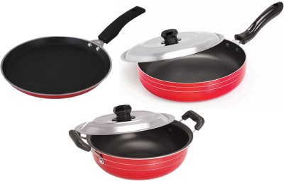 Dynore Non Stick Cookware set of 3- Dosa Tawa, kadhai with lid & Fry Pan with lid Non-Stick Coated Cookware Set(Aluminium, 3 - Piece)