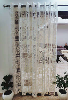 Homefab India 274.4 cm (9 ft) Long Door Polyester Transparent Curtain (Pack Of 2)(Cream, Floral)