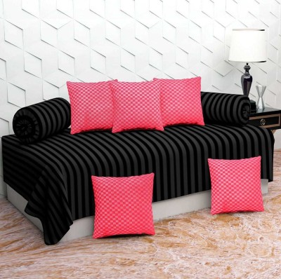 Divine Homes Polycotton Striped Diwan Set(Black, Pink)