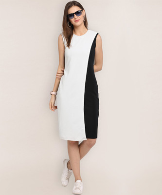 METRONAUT Women Sheath Blue, White Knee Length Dress