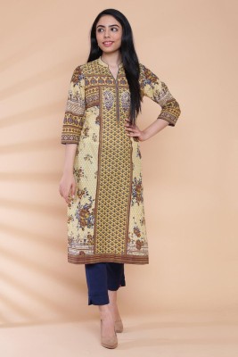 BIBA Women Floral Print Straight Kurta(Yellow)