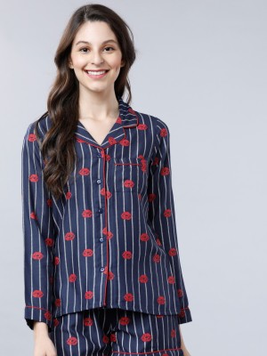 Tokyo Talkies Women Printed, Striped Casual Red, Blue Shirt