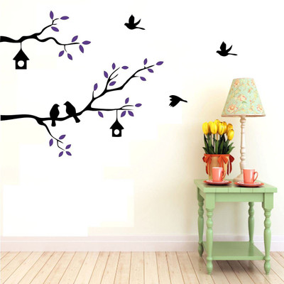 Asmi Collections 128 cm Birds Family on a Purple Tree Branch wall sticker Self Adhesive Sticker(Pack of 1)