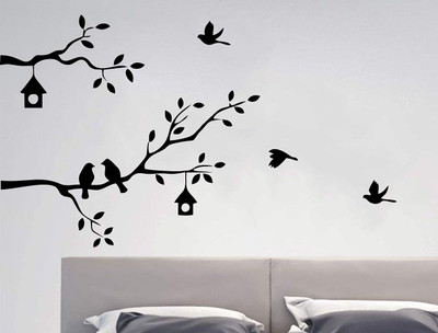 Asmi Collections 128 cm Birds Family on a Purple Tree Branch wall sticker Self Adhesive Sticker(Pack of 1)