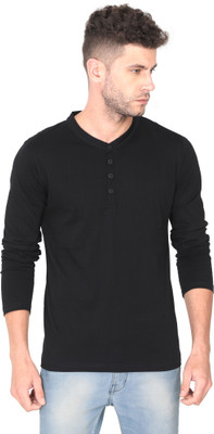 TURTEE Solid Men Henley Neck Black T-Shirt