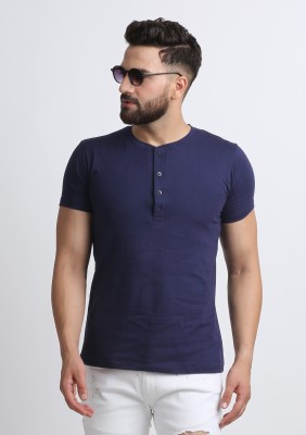 Leotude Solid Men Henley Neck Blue T-Shirt