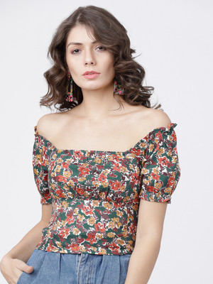 Tokyo Talkies Casual Short Sleeve Printed Women Green Top