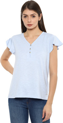 VAN HEUSEN Casual Short Sleeve Solid Women Light Blue Top