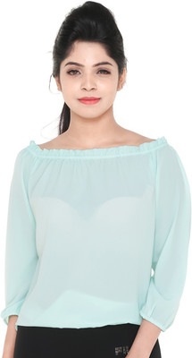 OLD KHAKI Casual 3/4 Sleeve Solid Women Light Green Top