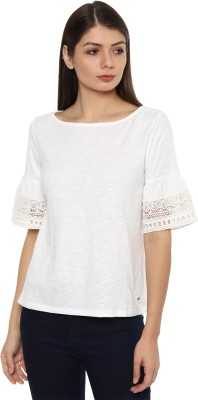 VAN HEUSEN Casual Bell Sleeve Self Design Women White Top