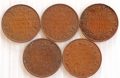 MANMAI COINS 5 COINS ALL DIFFERENT YEAR SET - British India - KING GEORGE VI KG VI - 1/4 ANNA - 1938 1939 1940 1941 1942 Medieval Coin Collection(5 Coins)